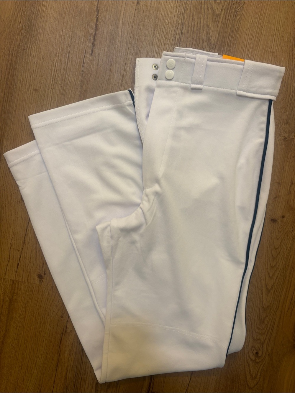 NWT Men's White Athletic Baseball Pants with Navy Piping (size S)
